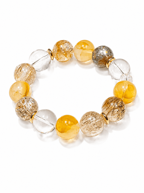 12mm Handmade Crystal Bracelet with Golden Rutilated Quartz, Clear Quartz & Rare Black Gold Super Seven, Luxury Gemstone Jewelry for Women