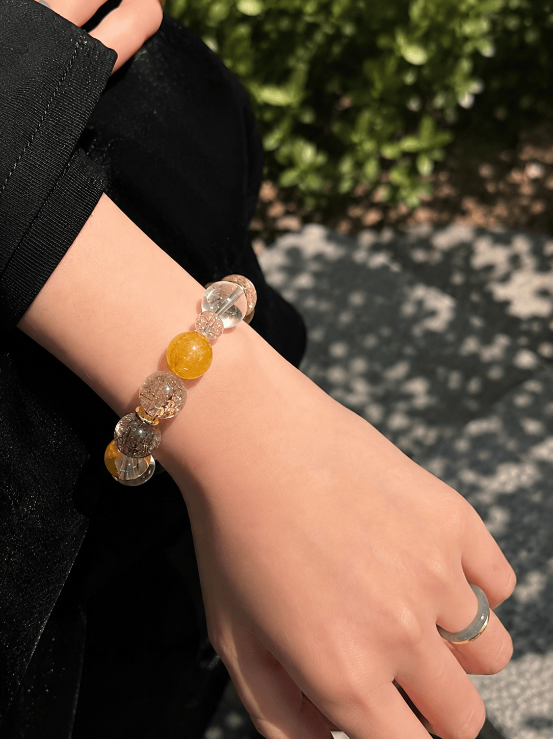 12mm Handmade Crystal Bracelet with Golden Rutilated Quartz, Clear Quartz & Rare Black Gold Super Seven, Luxury Gemstone Jewelry for Women