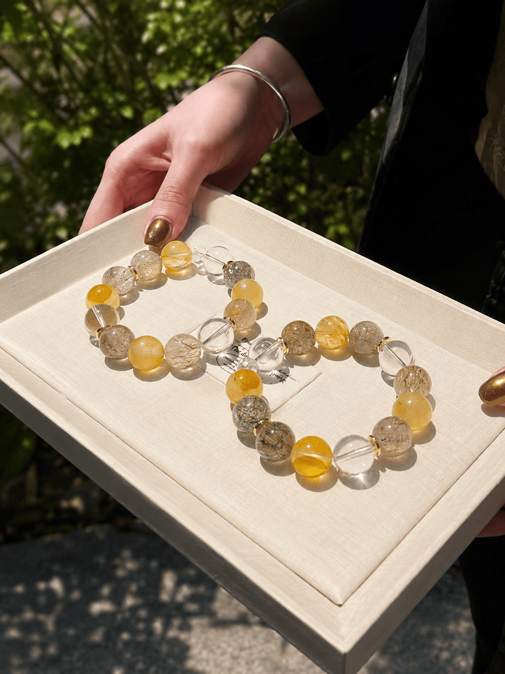 12mm Handmade Crystal Bracelet with Golden Rutilated Quartz, Clear Quartz & Rare Black Gold Super Seven, Luxury Gemstone Jewelry for Women