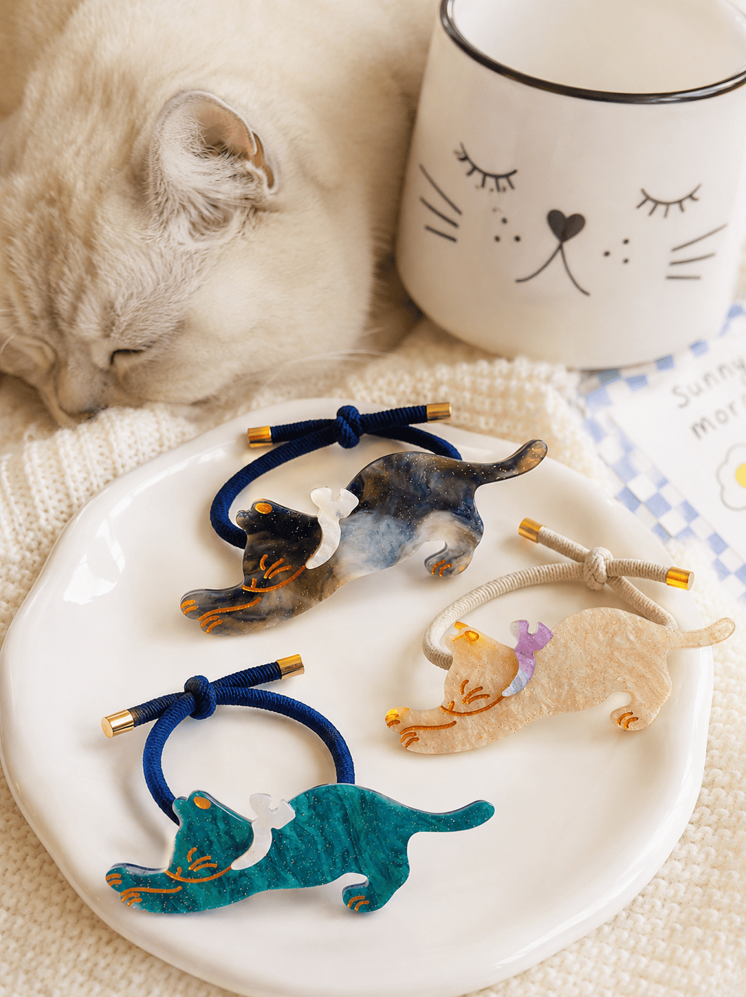 3-Pack Acetate Cat Design Elastic Hair Ties – Cute High-Quality Stretch Ponytail Holders for Women