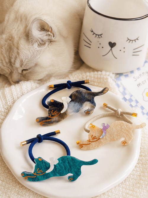 3-Pack Acetate Cat Design Elastic Hair Ties – Cute High-Quality Stretch Ponytail Holders for Women