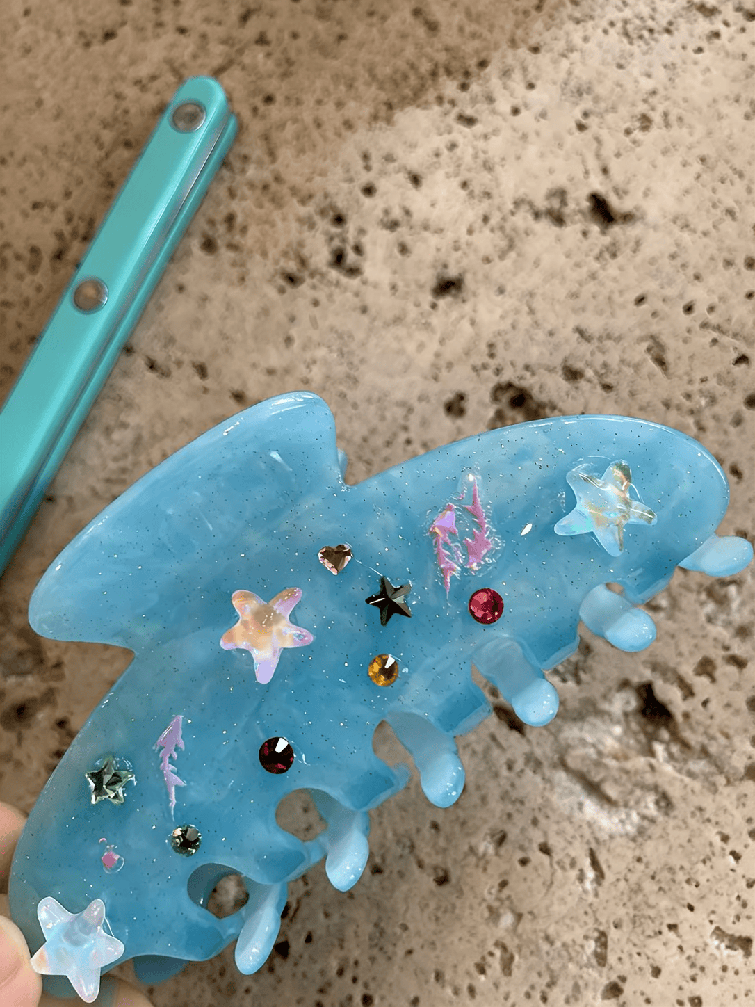 3D Rhinestone Ocean Acetate Hair Claw Clip | Hand-Painted Blue Sea Hair Accessory