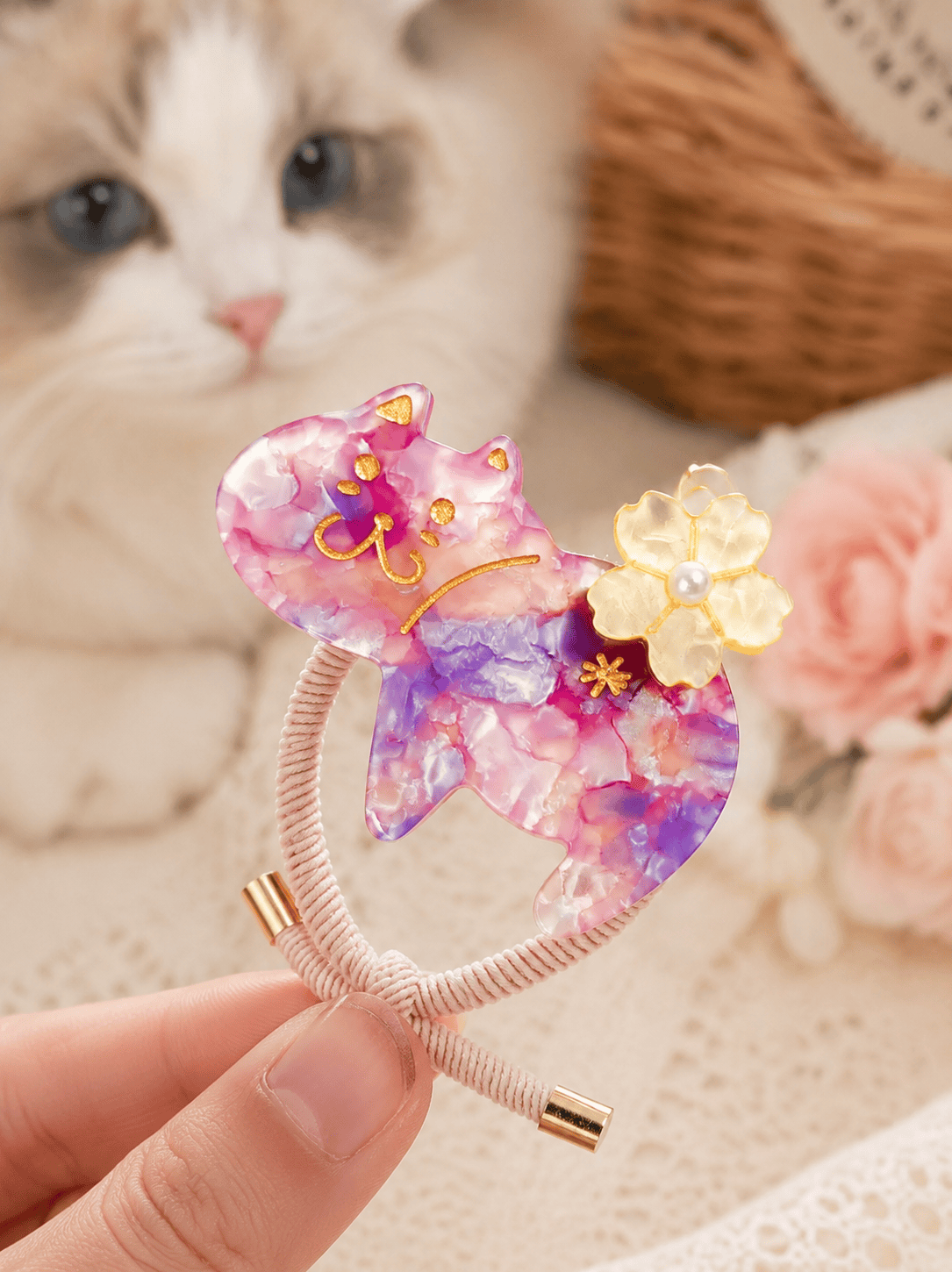4-Pack Premium Acetate Cat Hair Ties – Cute Elastic Ponytail Holders for Women & Girls