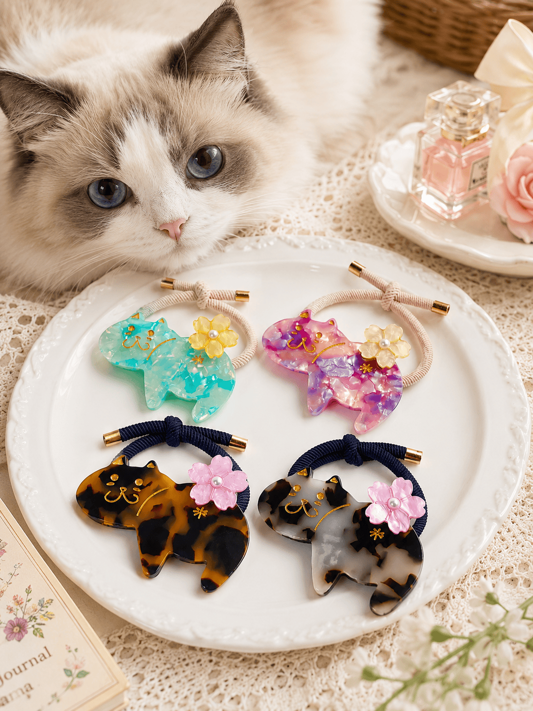 4-Pack Premium Acetate Cat Hair Ties – Cute Elastic Ponytail Holders for Women & Girls