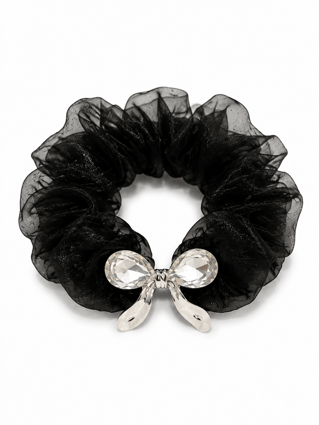 Black Crystal Bow Organza Scrunchie | Elegant Rhinestone Hair Tie