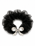 Black Crystal Bow Organza Scrunchie | Elegant Rhinestone Hair Tie