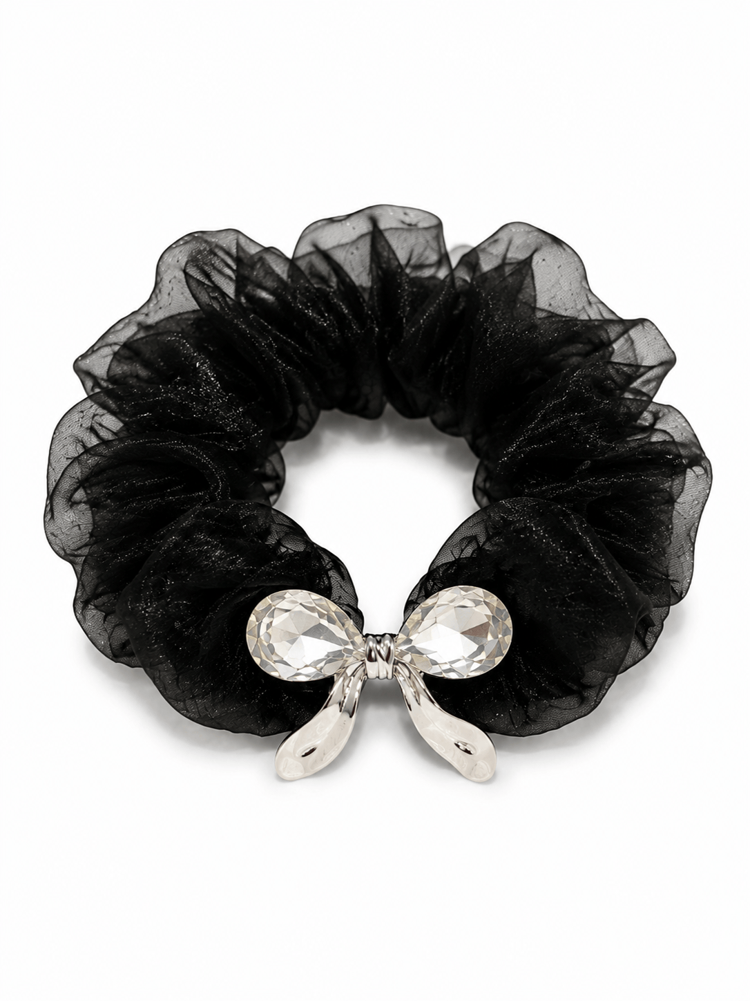 Black Crystal Bow Organza Scrunchie | Elegant Rhinestone Hair Tie