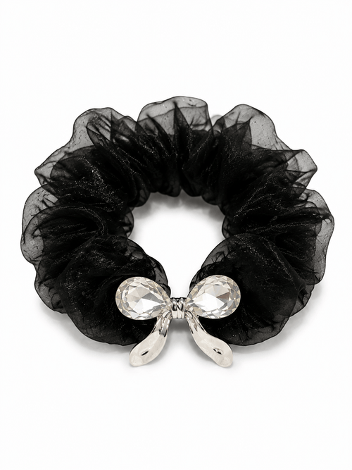 Black Crystal Bow Organza Scrunchie | Elegant Rhinestone Hair Tie