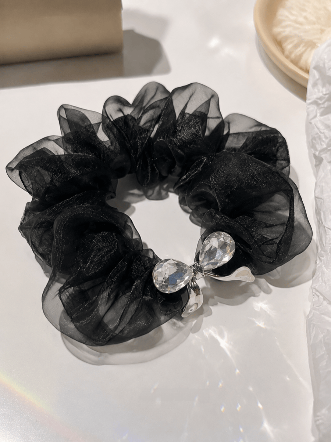 Black Crystal Bow Organza Scrunchie | Elegant Rhinestone Hair Tie