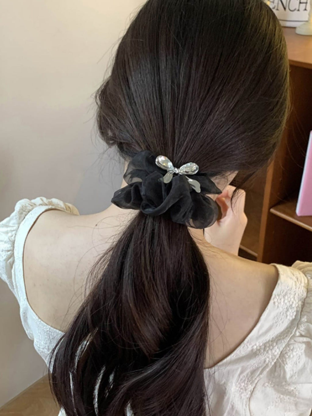 Black Crystal Bow Organza Scrunchie | Elegant Rhinestone Hair Tie