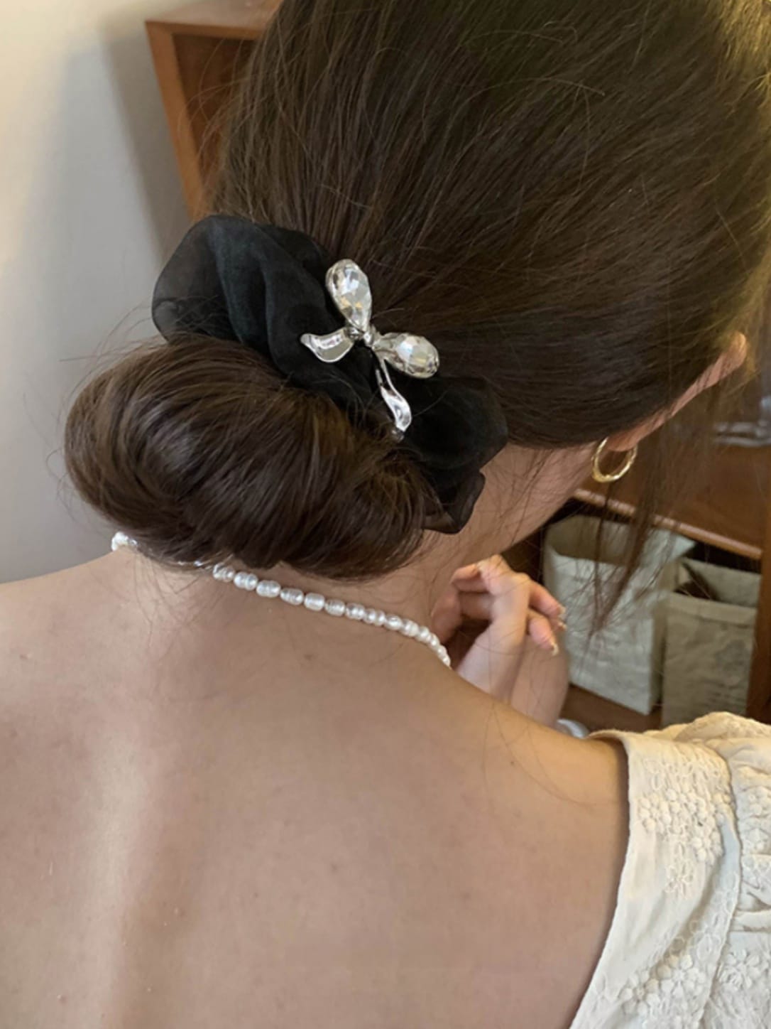 Black Crystal Bow Organza Scrunchie | Elegant Rhinestone Hair Tie