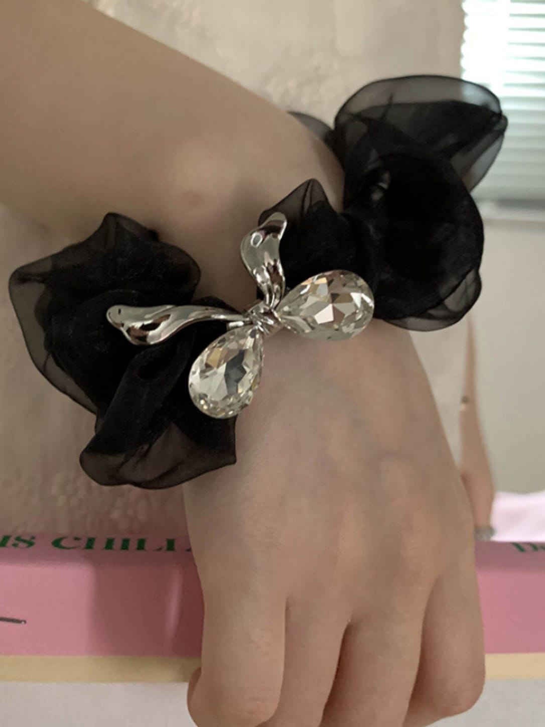 Black Crystal Bow Organza Scrunchie | Elegant Rhinestone Hair Tie