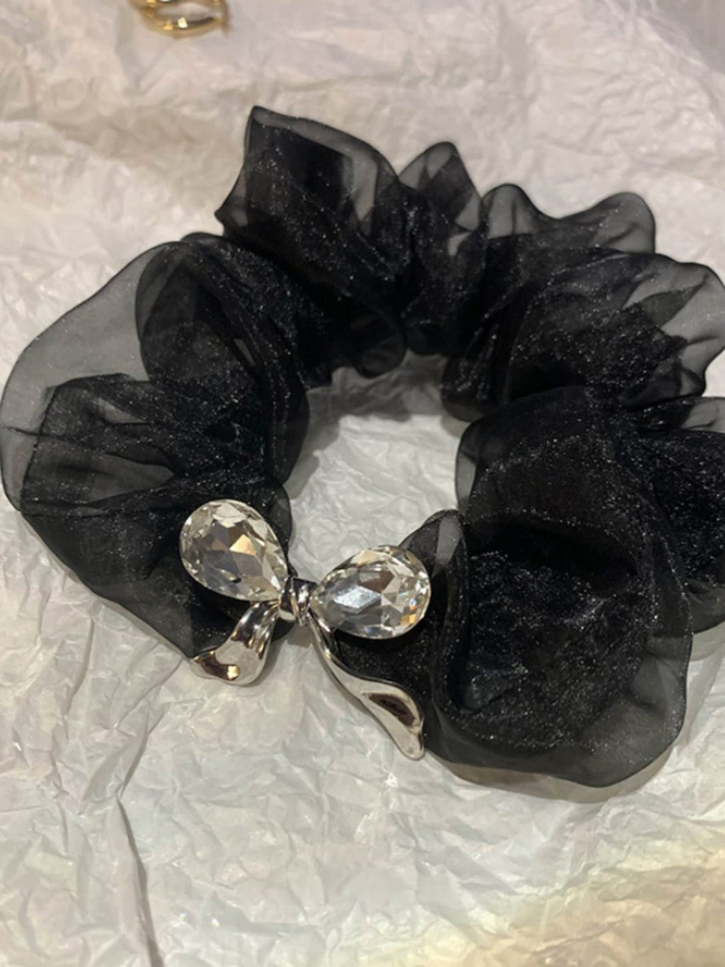 Black Crystal Bow Organza Scrunchie | Elegant Rhinestone Hair Tie