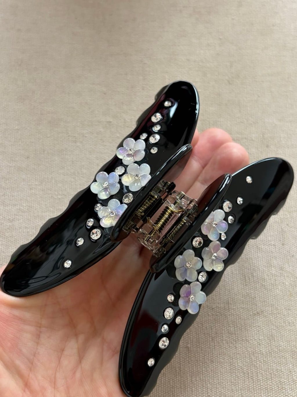 Black Iridescent Rhinestone Hair Claw Clip | Floral Acetate Hair Accessory