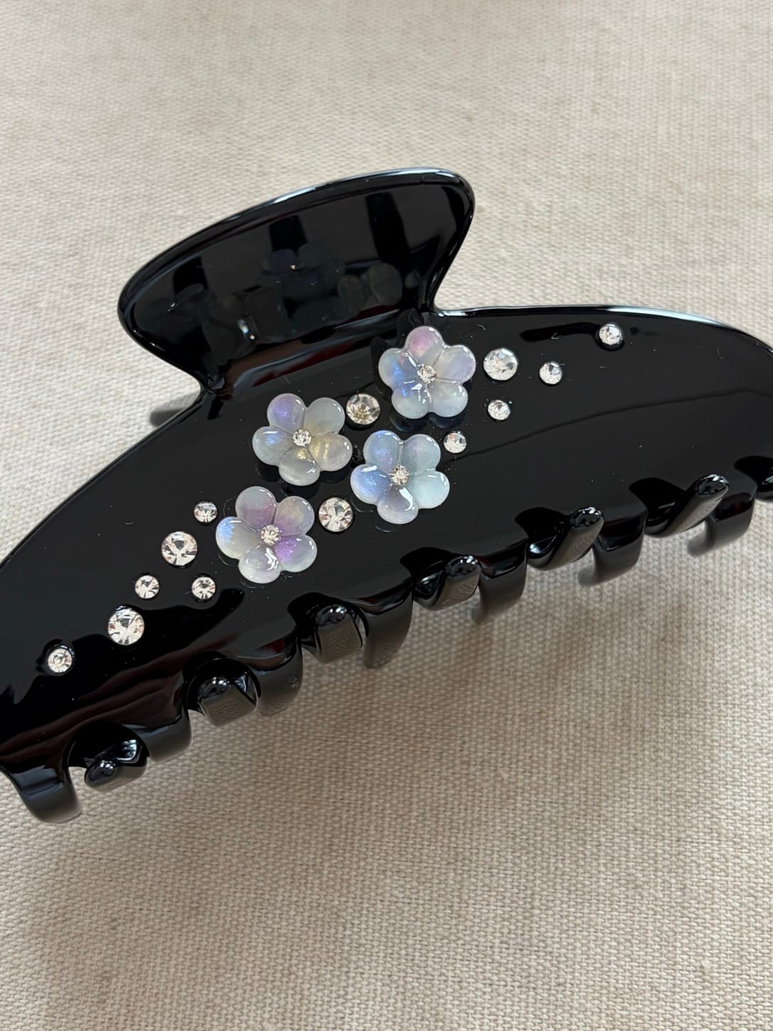 Black Iridescent Rhinestone Hair Claw Clip | Floral Acetate Hair Accessory