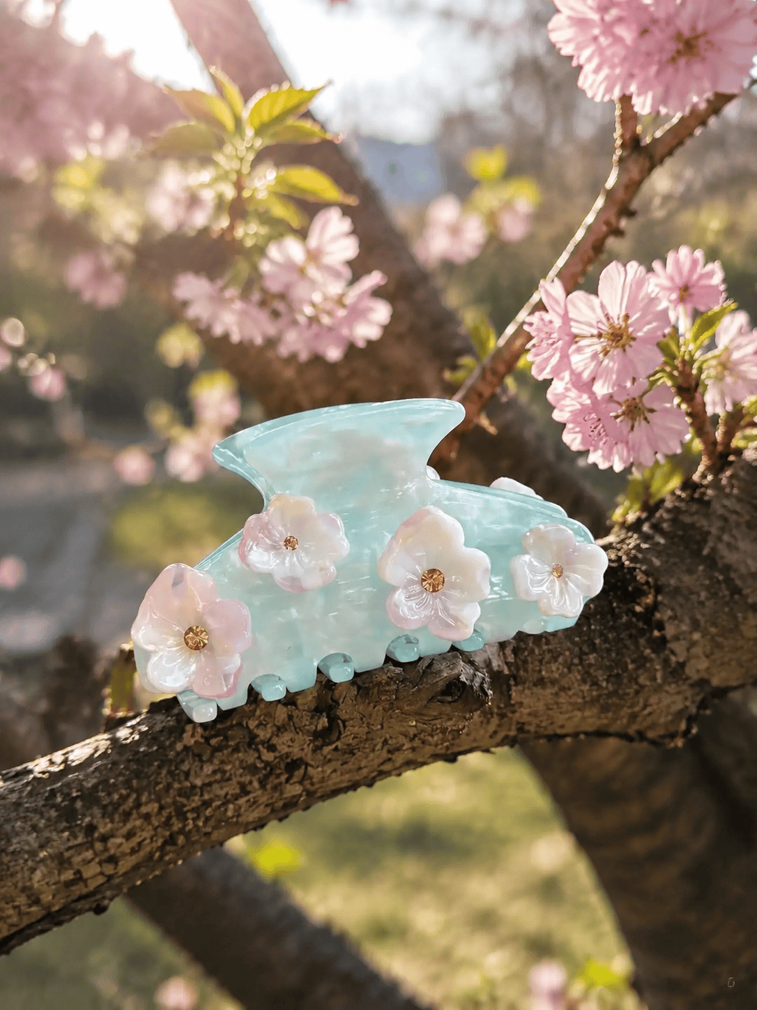 Blue Acetate Hair Claw Clip with 3D Floral Embellishment 