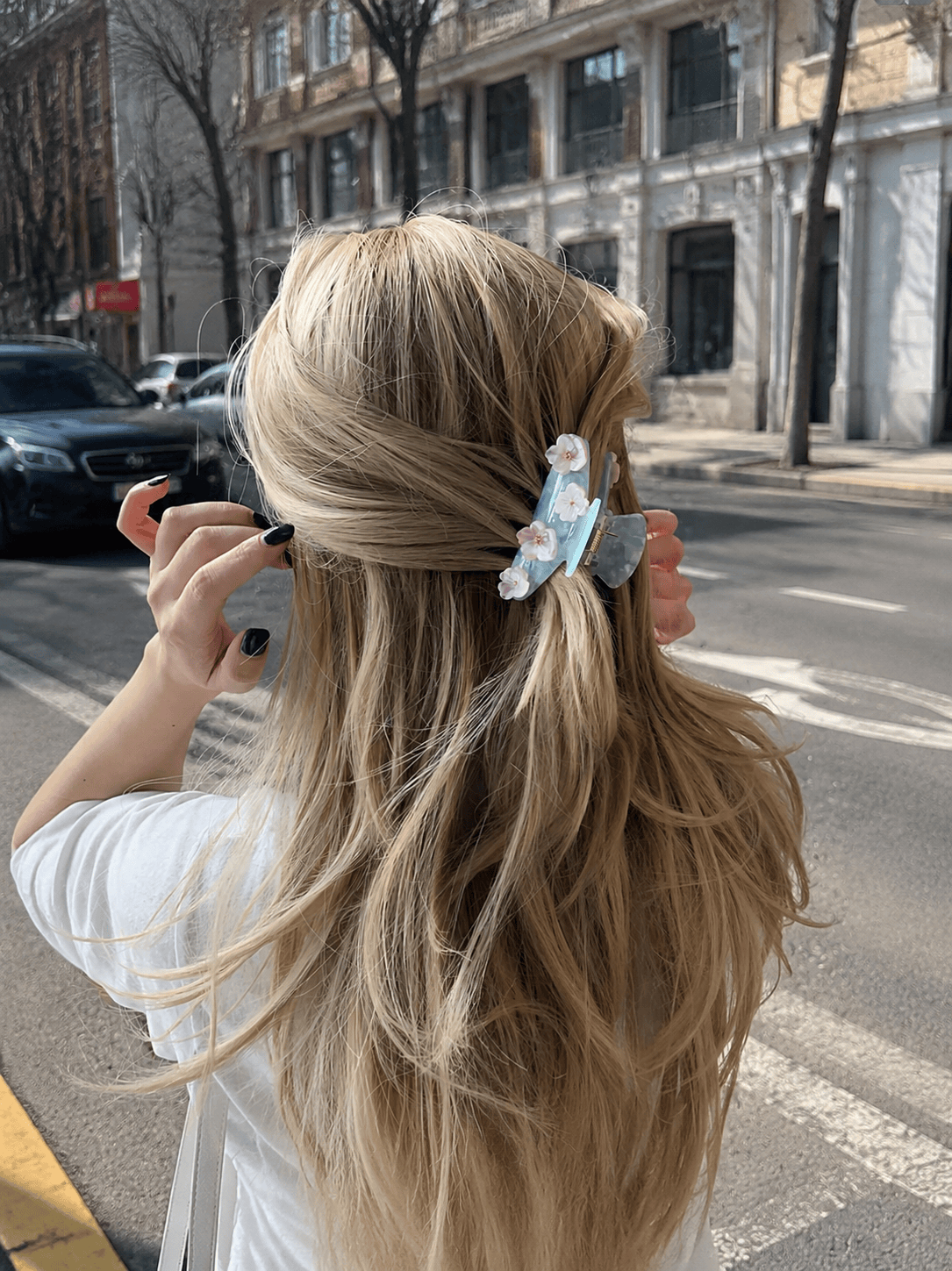 Blue Acetate Hair Claw Clip with 3D Floral Embellishment 