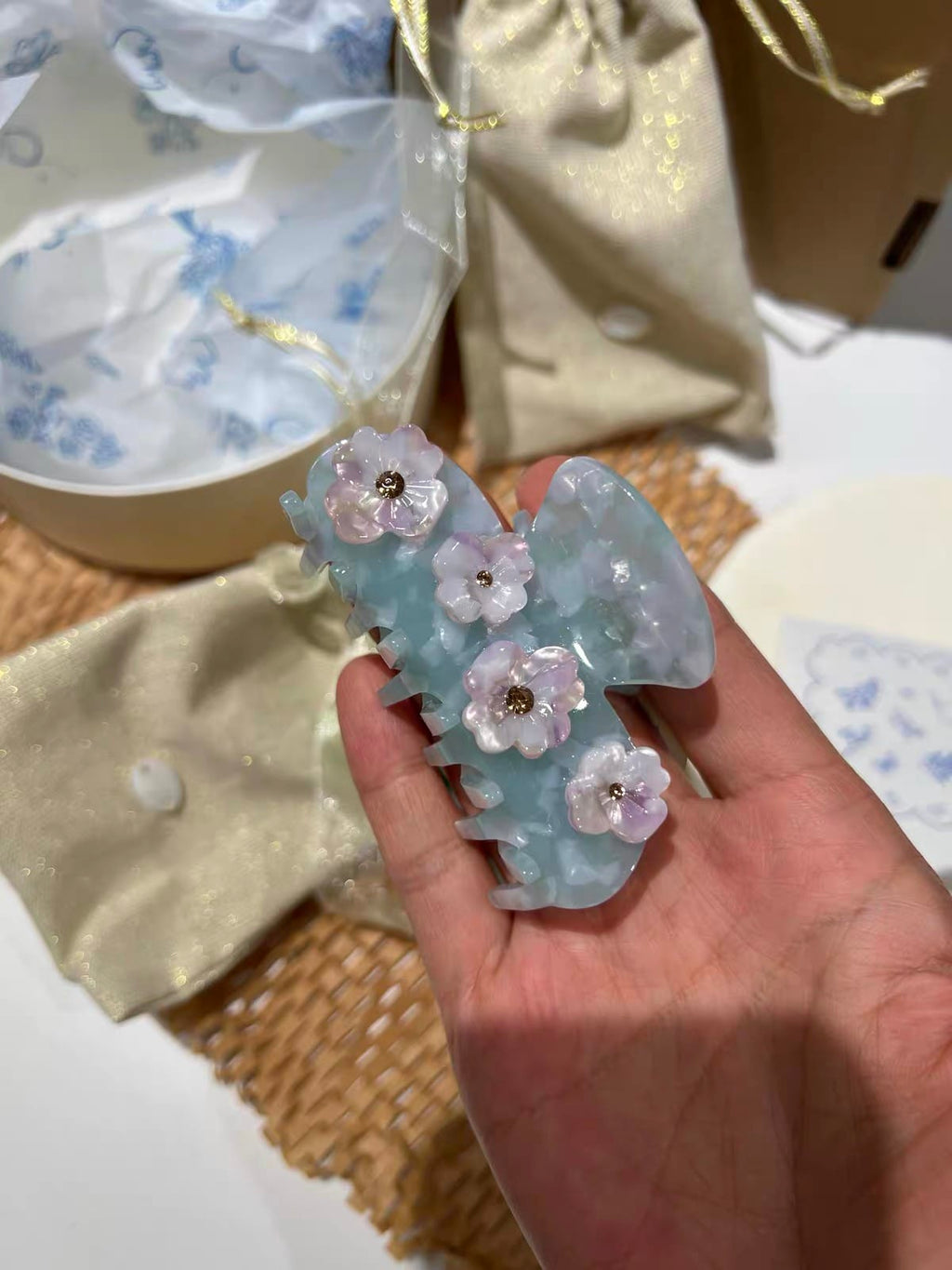 Blue Acetate Hair Claw Clip with 3D Floral Embellishment 