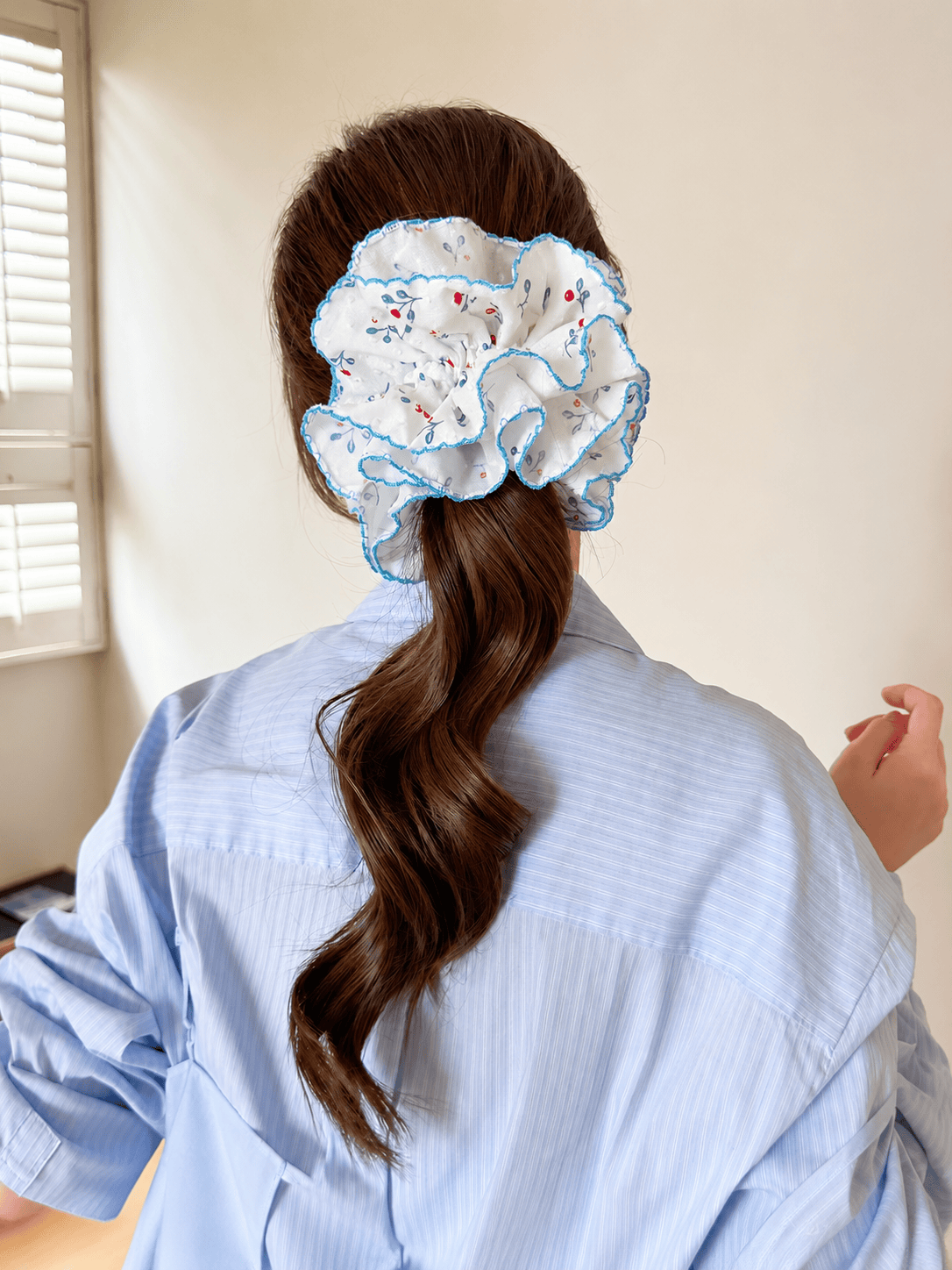 Blue Floral Scrunchie | Double Layer Ruffle Hair Accessory