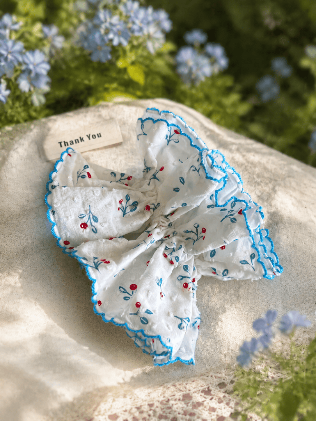 Blue Floral Scrunchie | Double Layer Ruffle Hair Accessory
