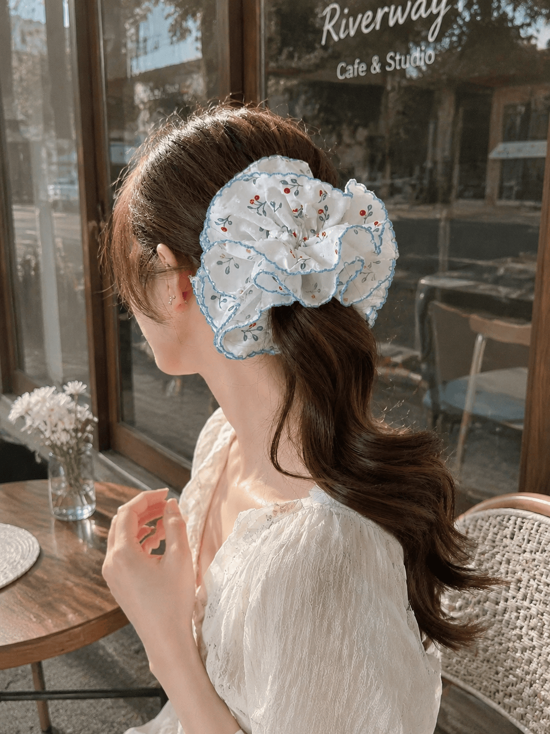 Blue Floral Scrunchie | Double Layer Ruffle Hair Accessory