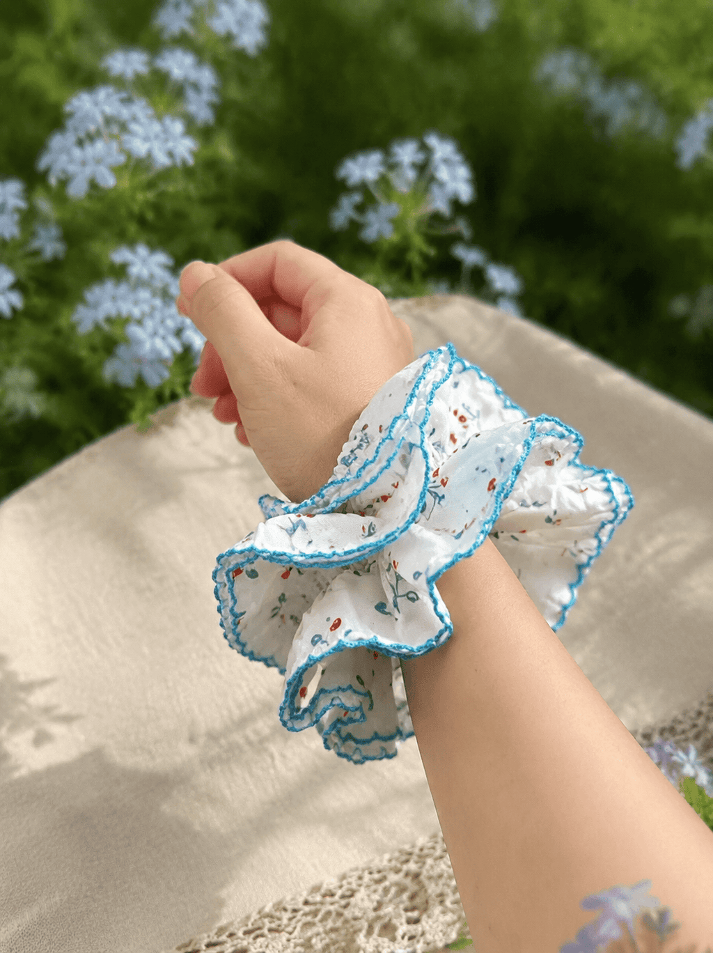 Blue Floral Scrunchie | Double Layer Ruffle Hair Accessory