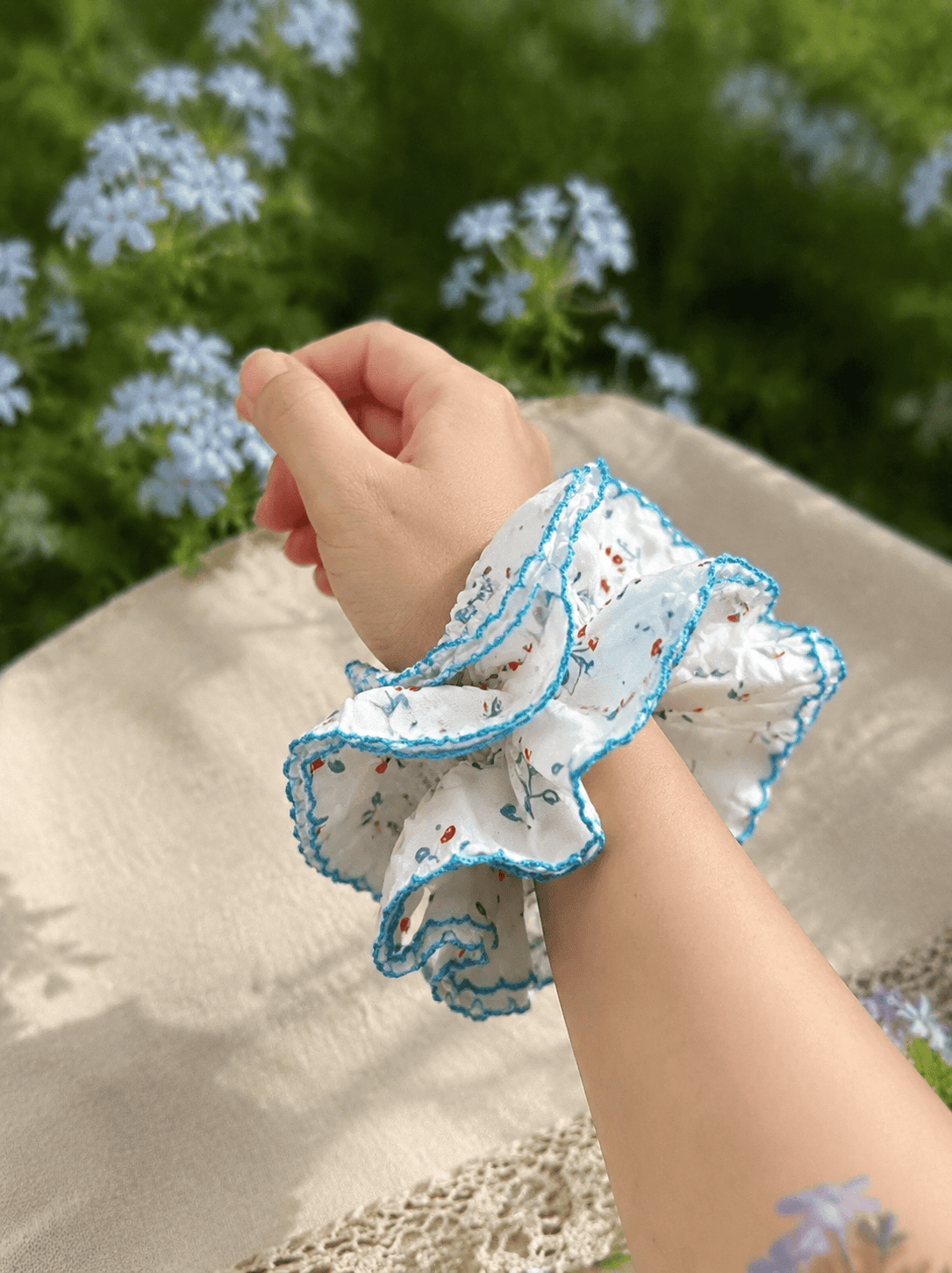 Blue Floral Scrunchie | Double Layer Ruffle Hair Accessory