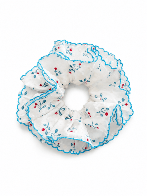 Blue Floral Scrunchie | Double Layer Ruffle Hair Accessory