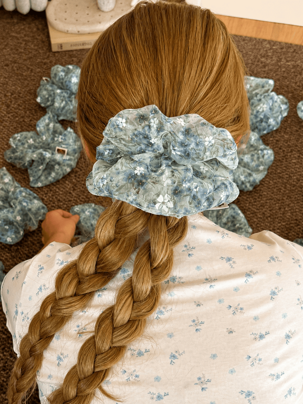 Blue Green Floral Organza Scrunchie | Romantic Hair Accessory