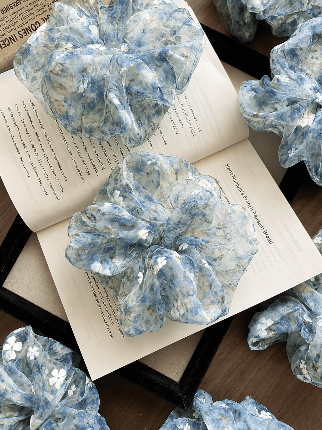Blue Green Floral Organza Scrunchie | Romantic Hair Accessory