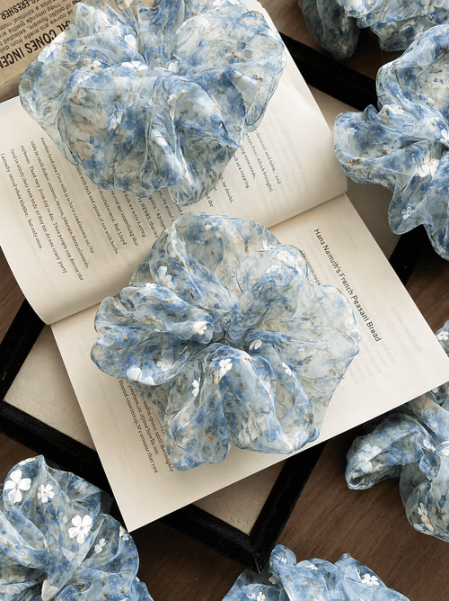Blue Green Floral Organza Scrunchie | Romantic Hair Accessory