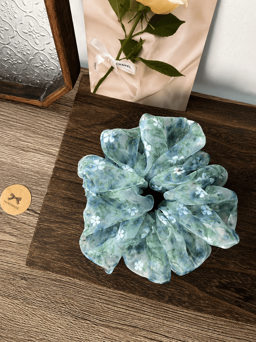 Blue Green Floral Organza Scrunchie | Romantic Hair Accessory