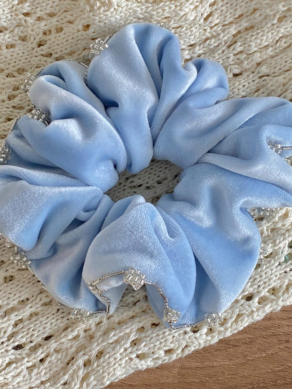 Blue Velvet Rhinestone-Trimmed Oversized Scrunchie