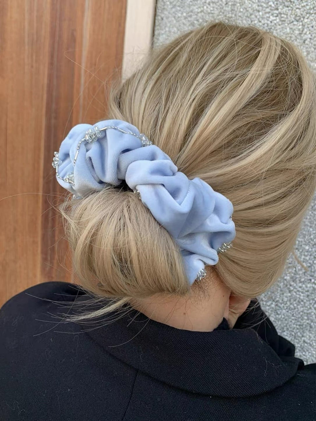 Blue Velvet Rhinestone-Trimmed Oversized Scrunchie