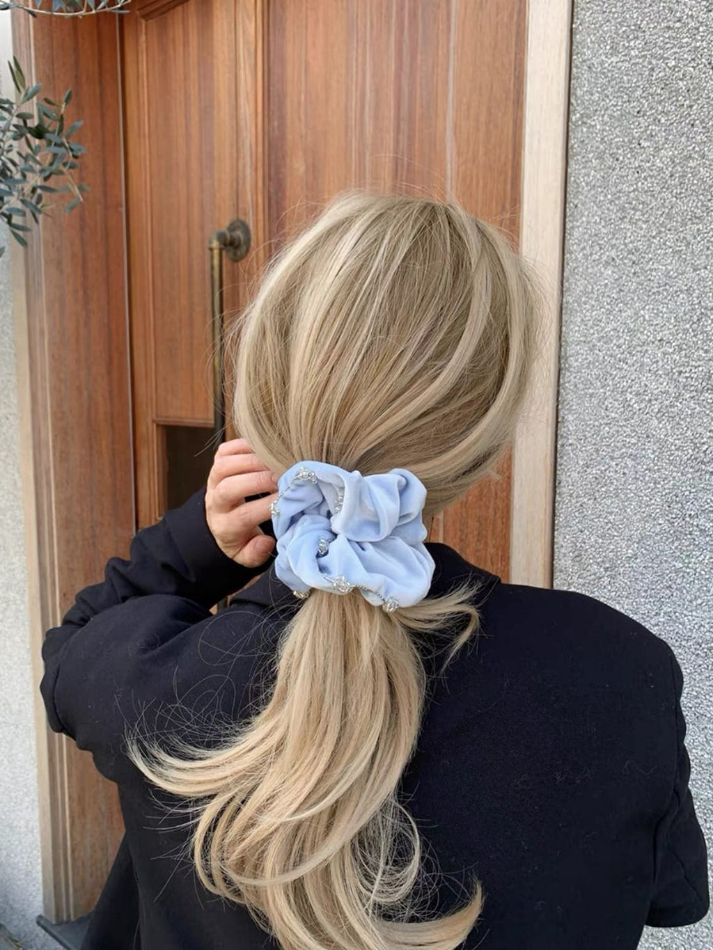 Blue Velvet Rhinestone-Trimmed Oversized Scrunchie
