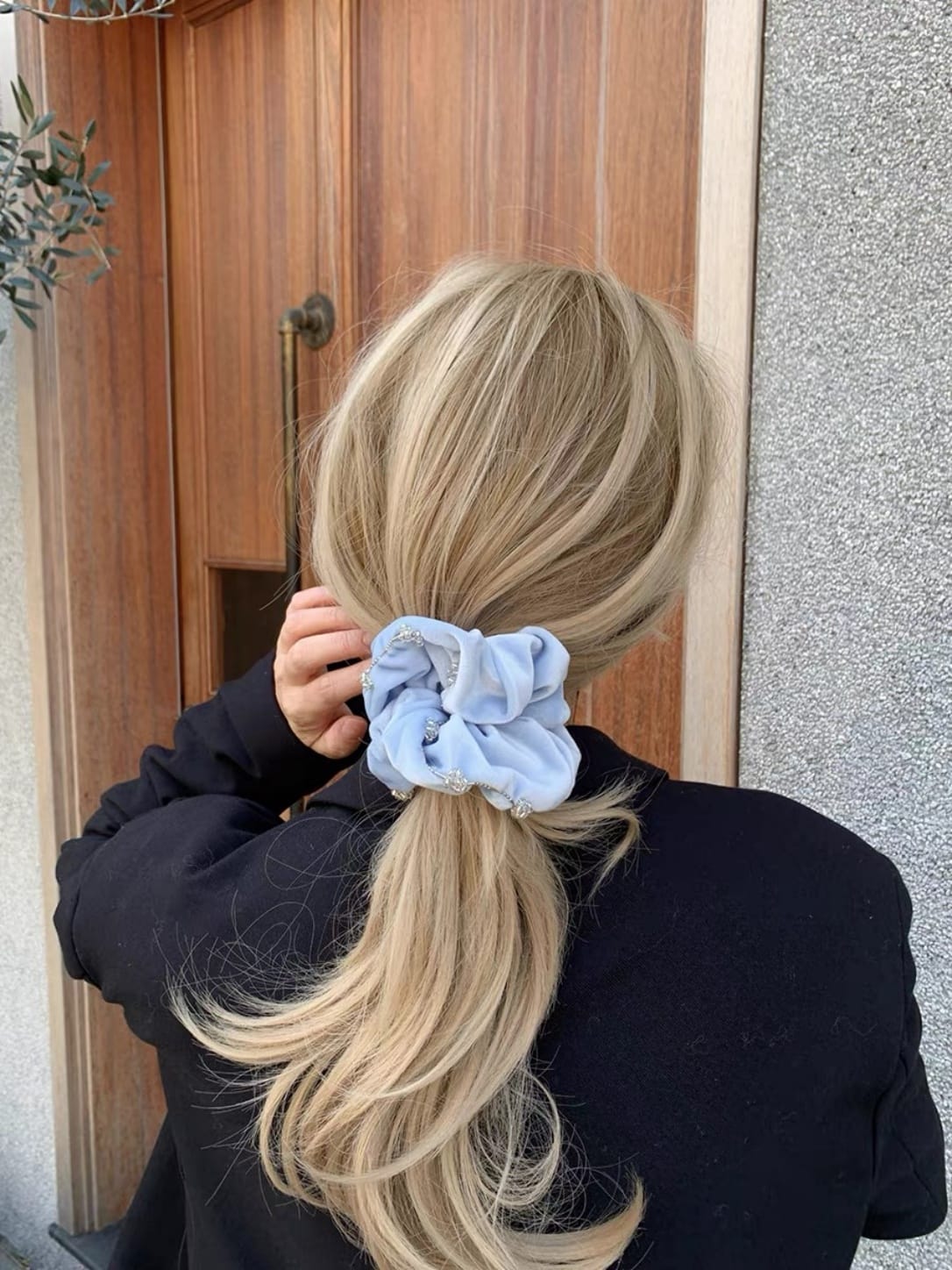 Blue Velvet Rhinestone-Trimmed Oversized Scrunchie