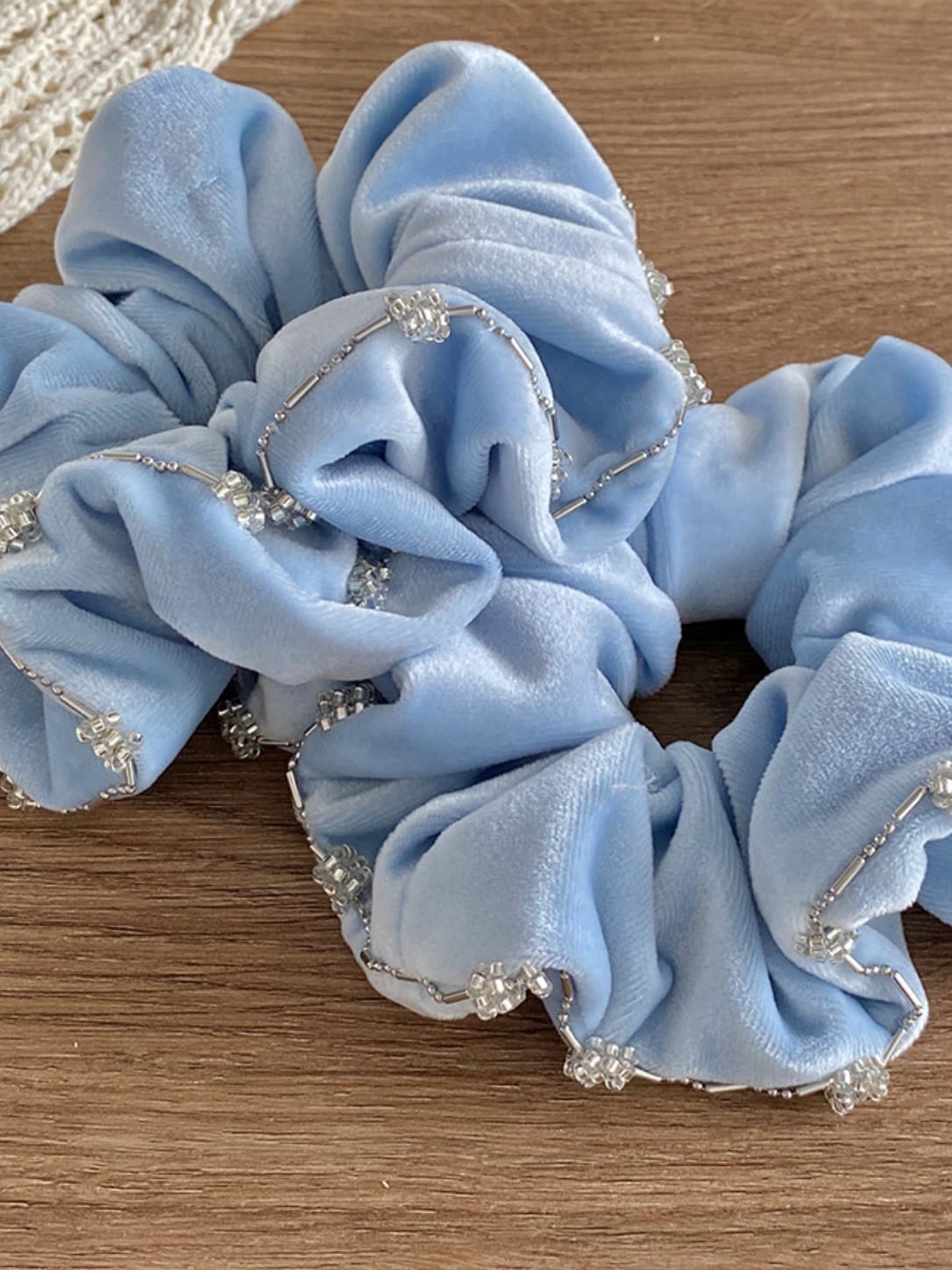 Blue Velvet Rhinestone-Trimmed Oversized Scrunchie