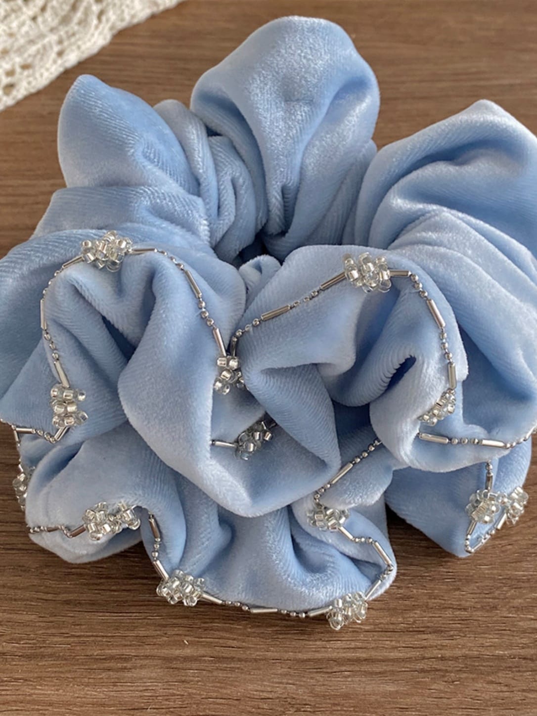 Blue Velvet Rhinestone-Trimmed Oversized Scrunchie