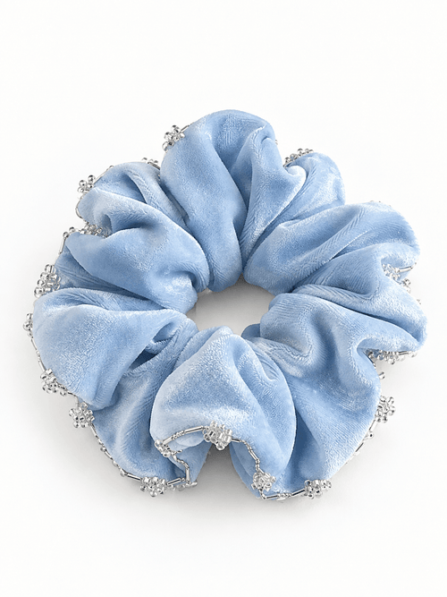 Blue Velvet Rhinestone-Trimmed Oversized Scrunchie