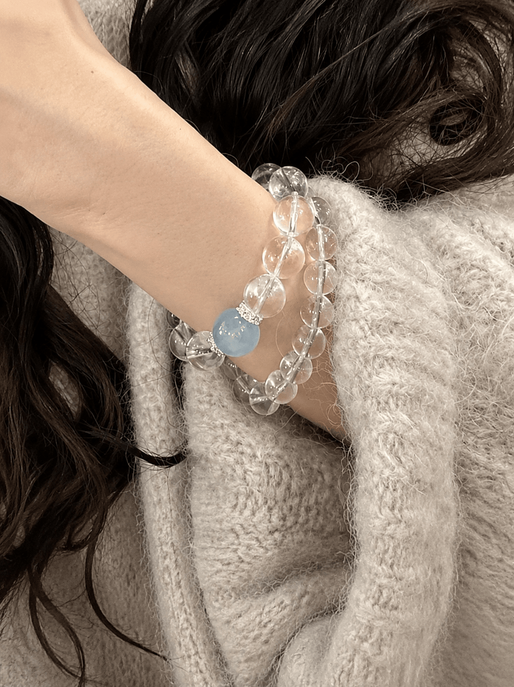 Brazilian White Quartz & Aquamarine Crystal Bracelet 14mm | Natural Stone Stretch Bracelet