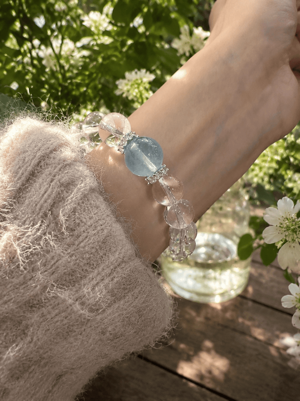Brazilian White Quartz & Aquamarine Crystal Bracelet 14mm | Natural Stone Stretch Bracelet