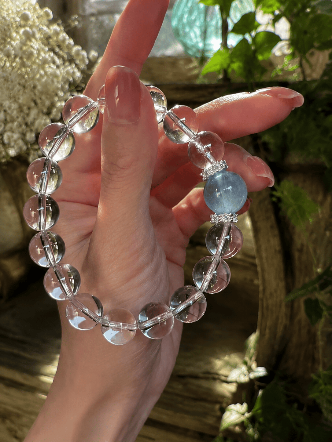Brazilian White Quartz & Aquamarine Crystal Bracelet 14mm | Natural Stone Stretch Bracelet
