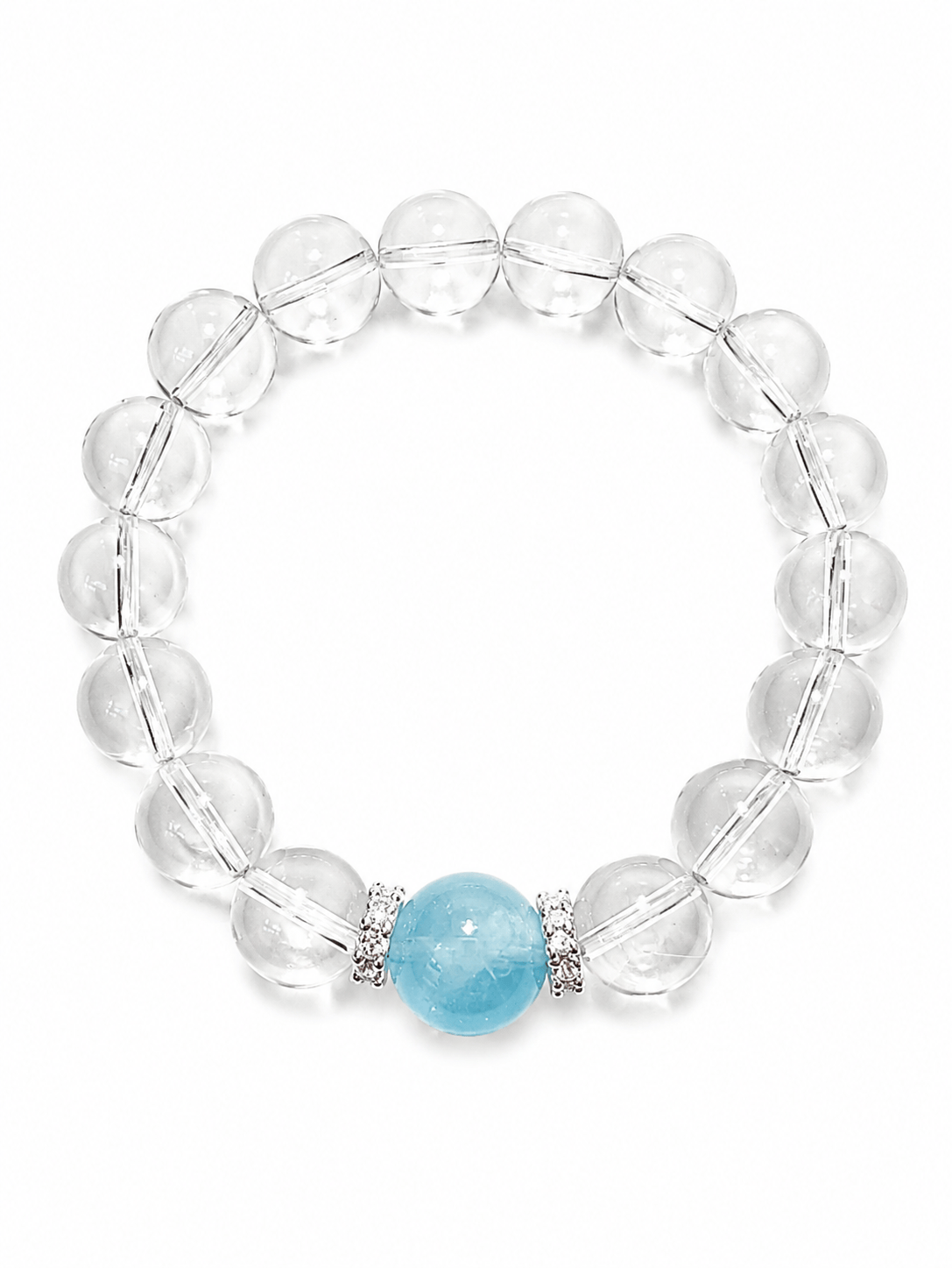Brazilian White Quartz & Aquamarine Crystal Bracelet 14mm | Natural Stone Stretch Bracelet
