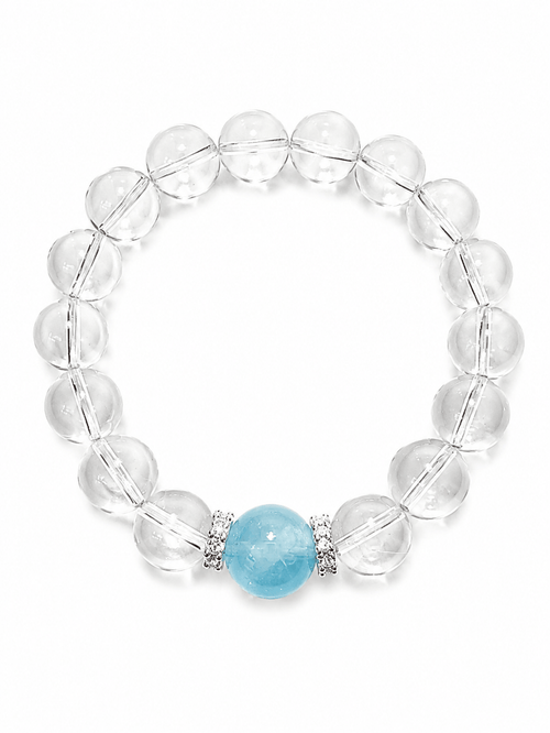 Brazilian White Quartz & Aquamarine Crystal Bracelet 14mm | Natural Stone Stretch Bracelet