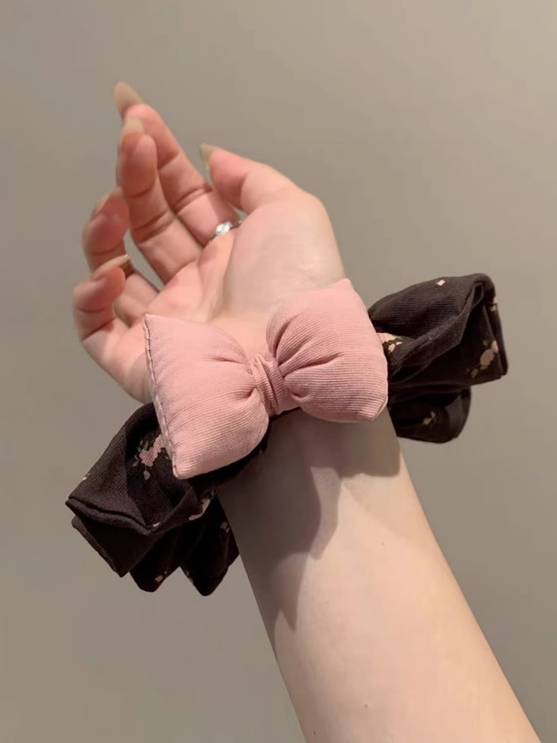 Brown Floral Scrunchie with Pink Puffy Bow – Romantic Fabric Hair Tie
