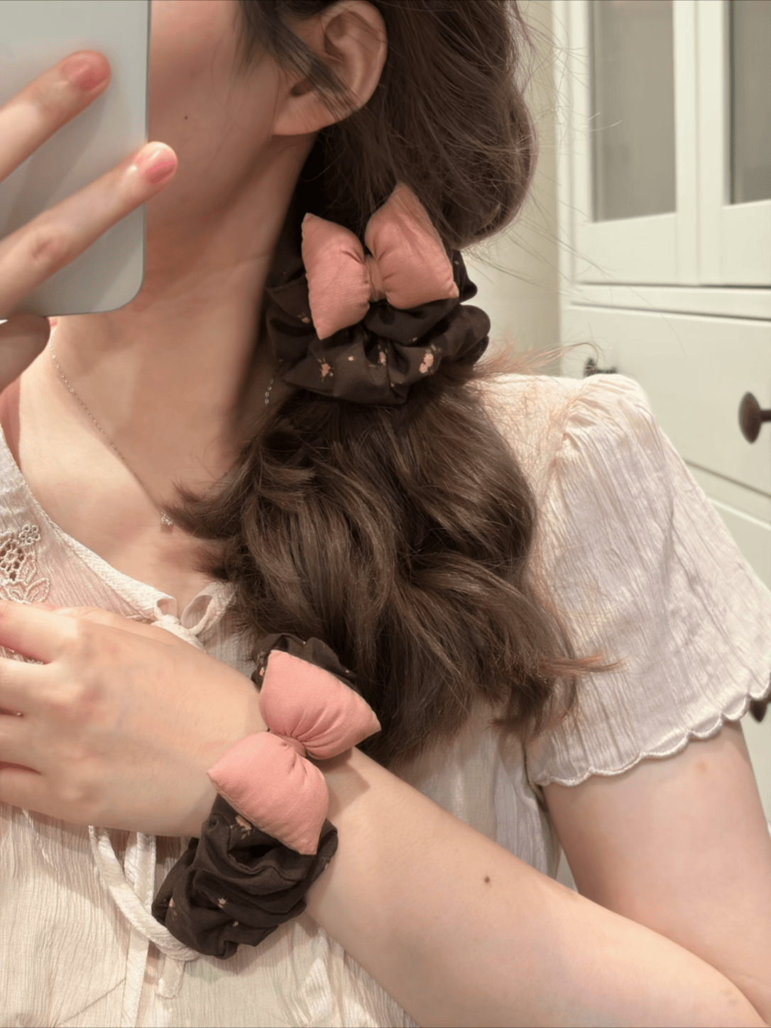 Brown Floral Scrunchie with Pink Puffy Bow – Romantic Fabric Hair Tie