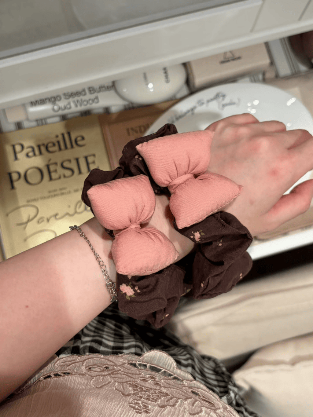 Brown Floral Scrunchie with Pink Puffy Bow – Romantic Fabric Hair Tie