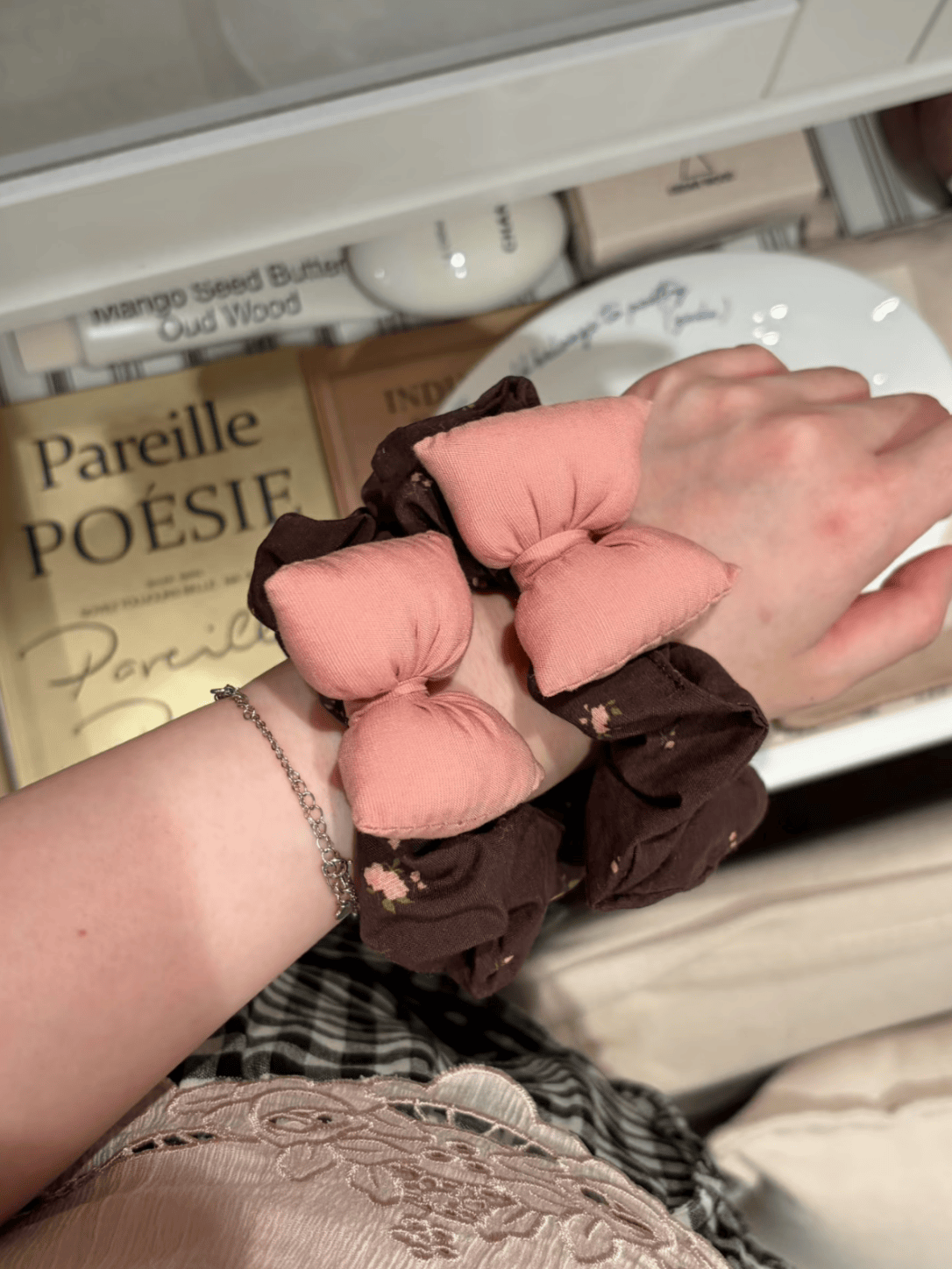 Brown Floral Scrunchie with Pink Puffy Bow – Romantic Fabric Hair Tie