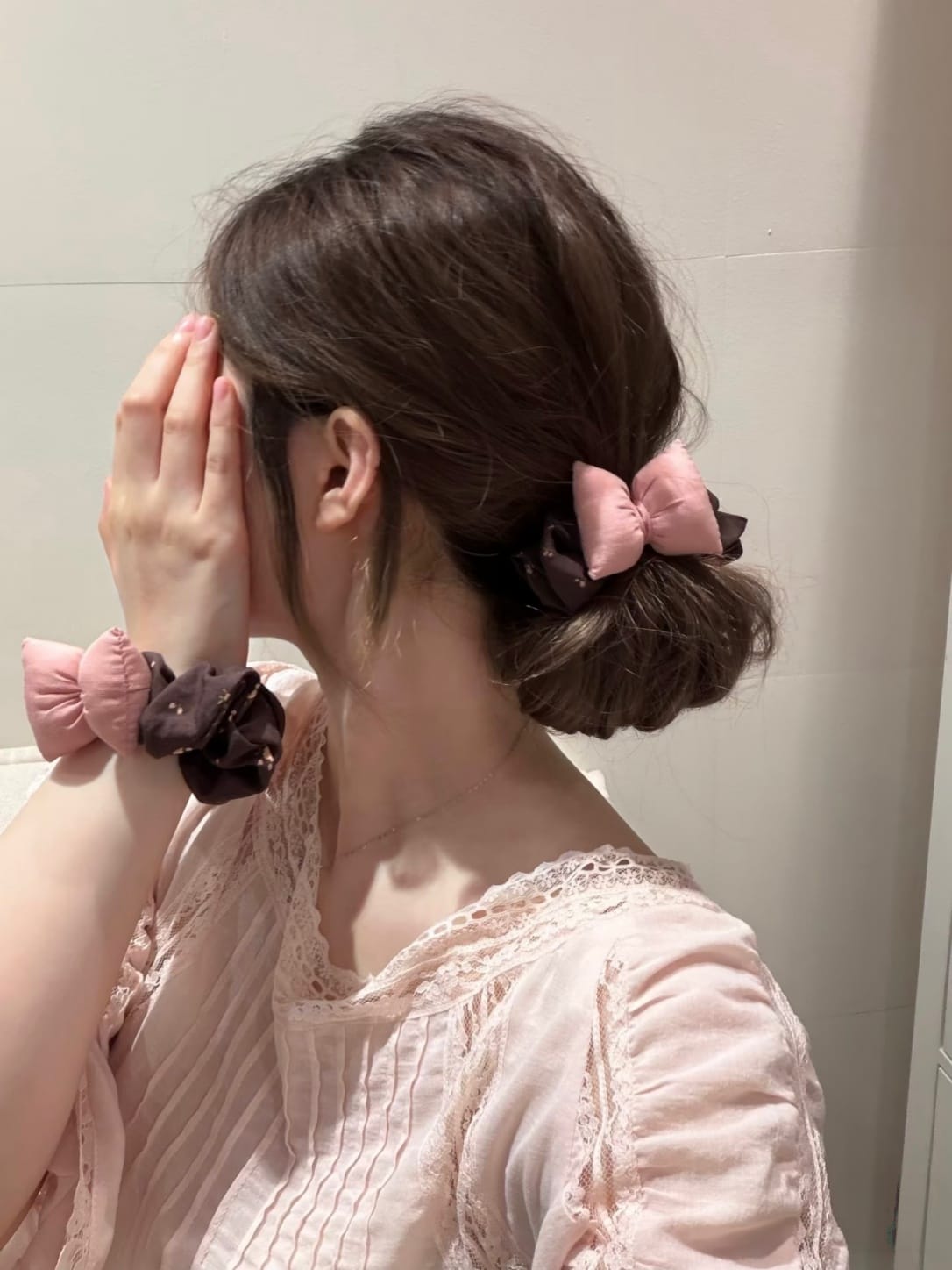 Brown Floral Scrunchie with Pink Puffy Bow – Romantic Fabric Hair Tie