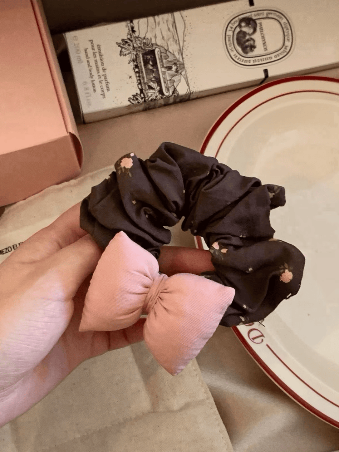 Brown Floral Scrunchie with Pink Puffy Bow – Romantic Fabric Hair Tie